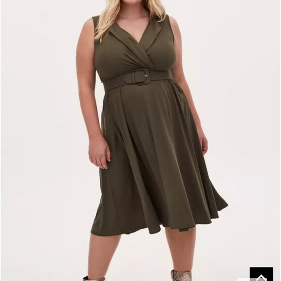 Torrid Size 3 (22/24W) Olive Green Twill Sleeveless Midi Belted Dress NWT - Picture 1 of 16